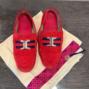 Tory Burch. Red Suede Loafers with dark blue.Gold metal Accent . Authentic